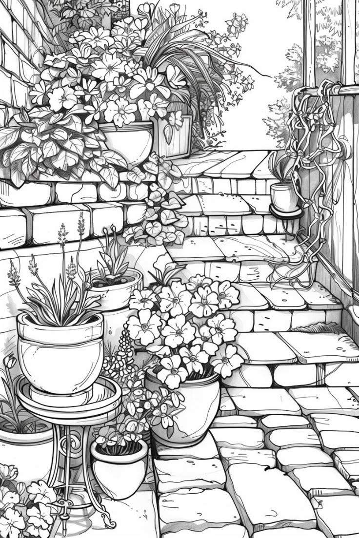 Small Cozy Terraced Garden With Flowers Coloring Page Free Printable 