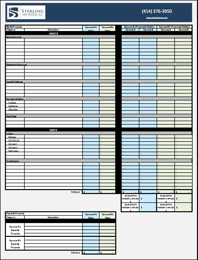Splitting Assets Worksheet For Divorce In Wisconsin Sterling Lawyers LLC Splitting Assets Worksheet For Divorce In Wisconsin Sterling Lawyers LLC
