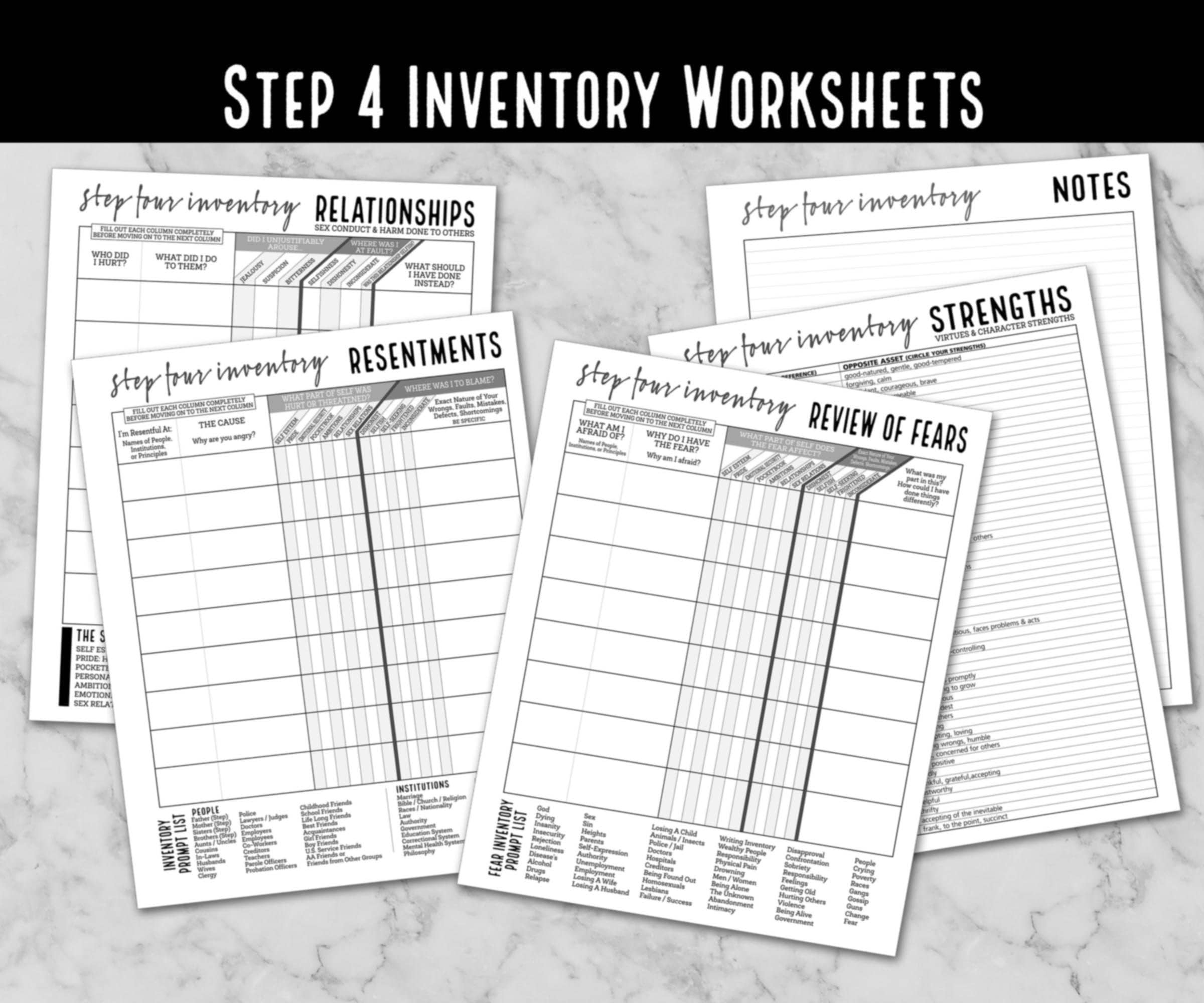 printable aa 4th step worksheets