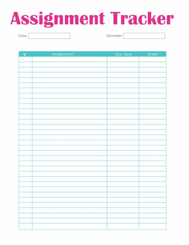 Student Assignment Tracker Template Printable