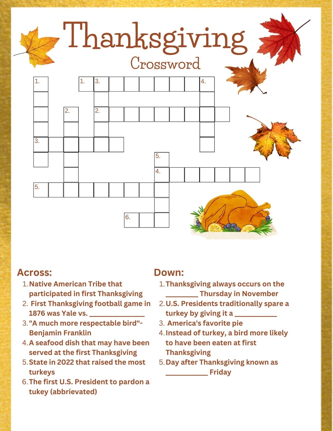 thanksgiving crossword puzzle printable
