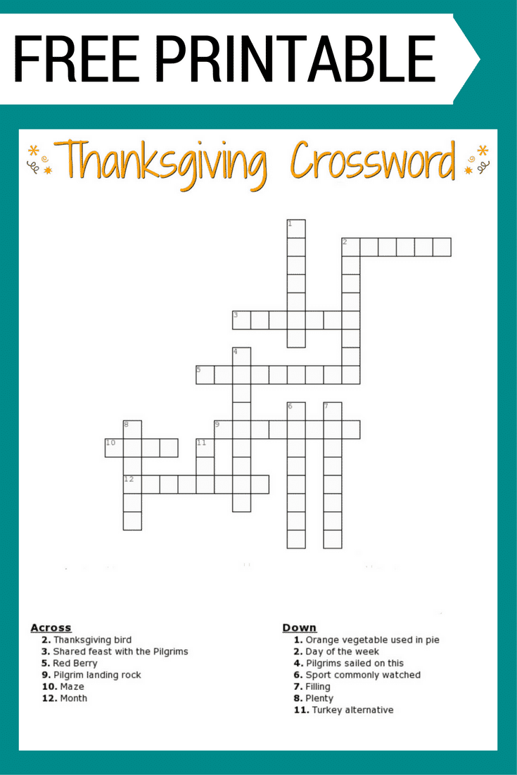 Thanksgiving Crossword Puzzle FREE Printable For Kids Or Adults