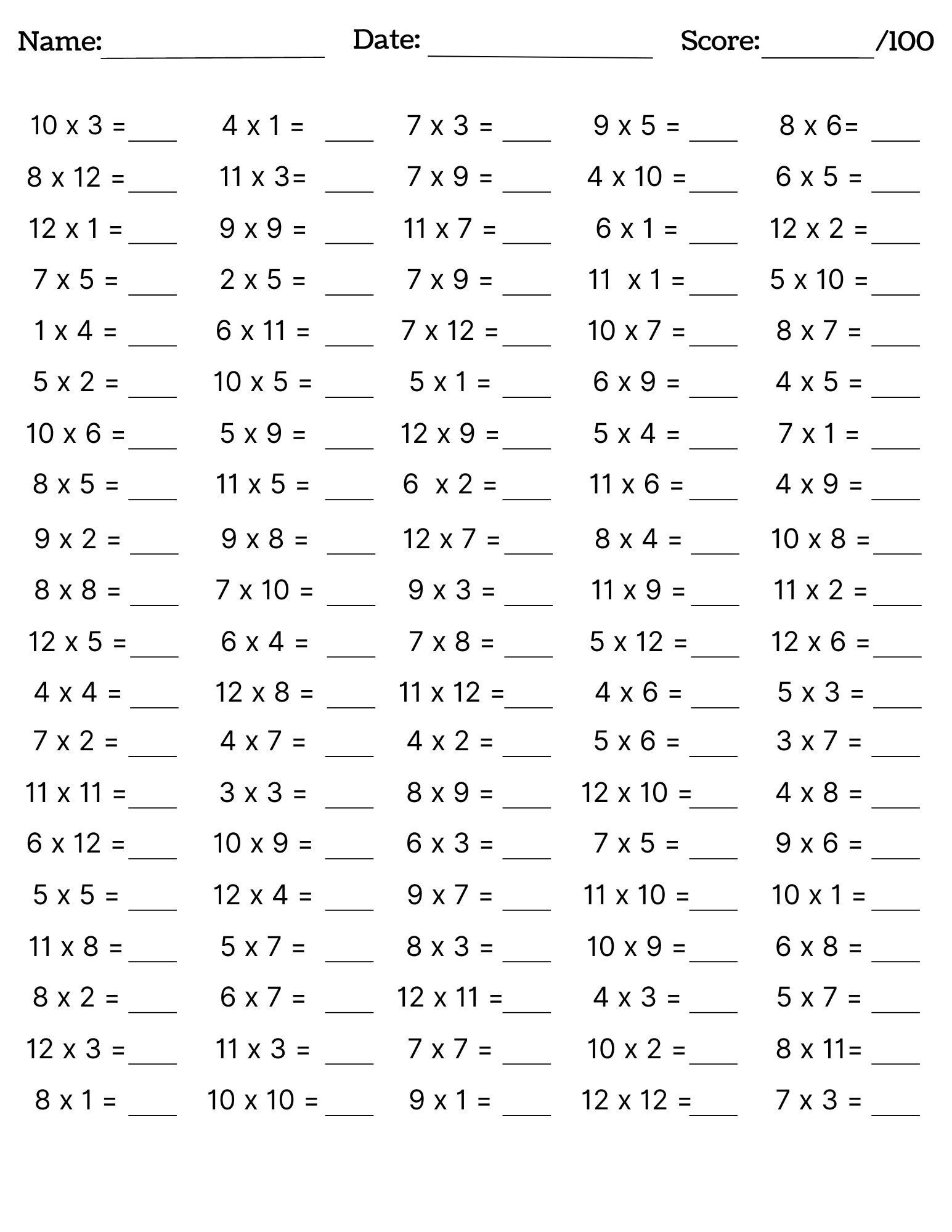 multiplication tables 1-12 printable worksheets