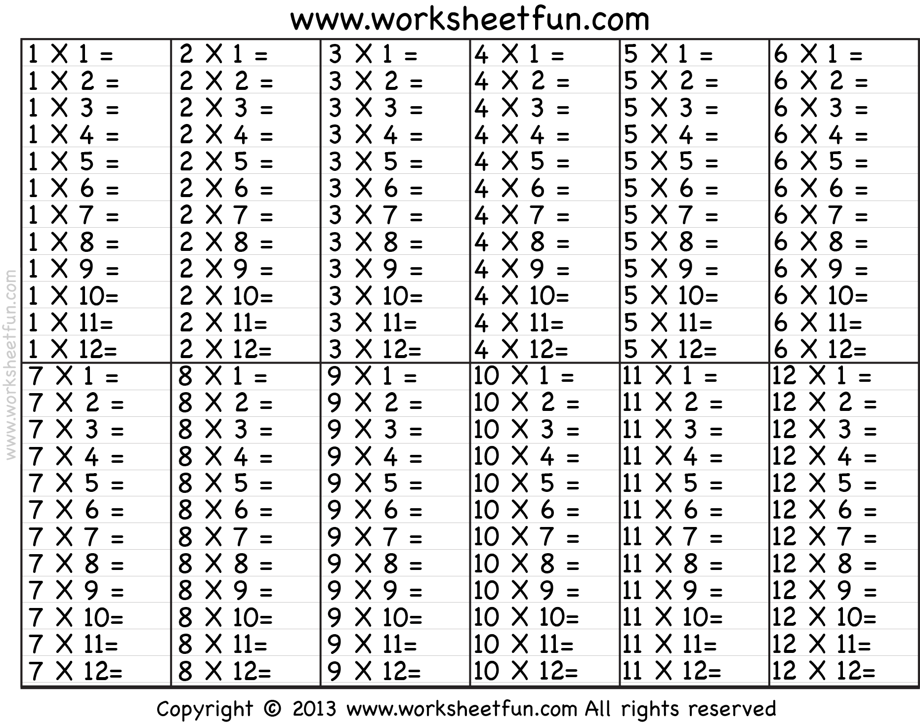 multiplication chart printable worksheet