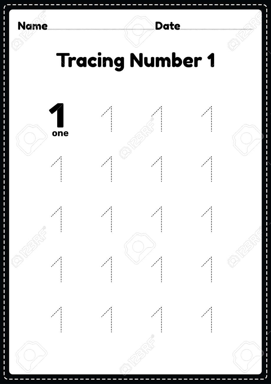 Tracing Number 1 Worksheet For Kindergarten And Preschool Kids For Educational Practice In A Printable Page Royalty Free SVG Cliparts Vectors And Stock Illustration Image 166165873 