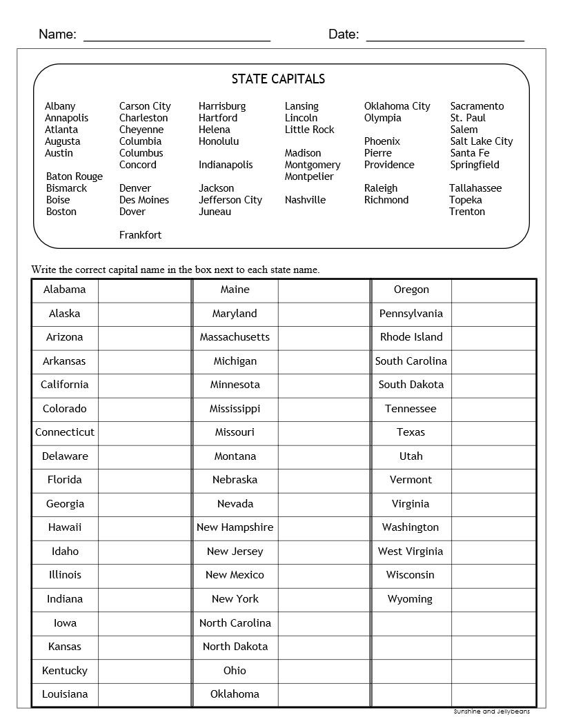 free printable state capital worksheets