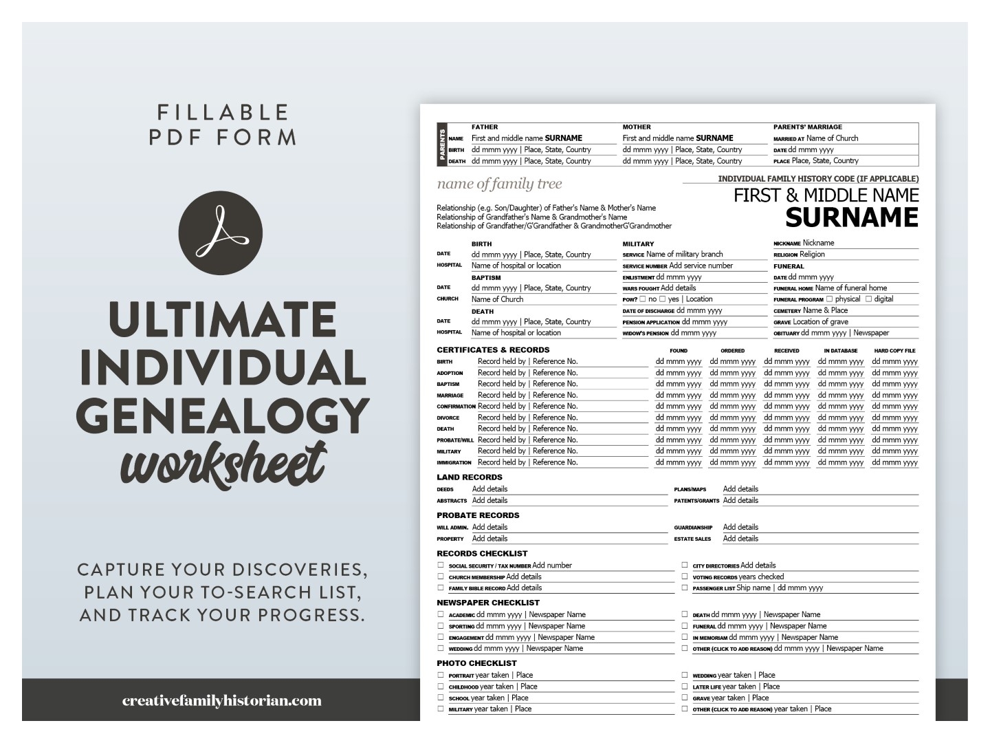 Ultimate Individual Genealogy Worksheet A4 Letter PDF Pack The Creative Family Historian