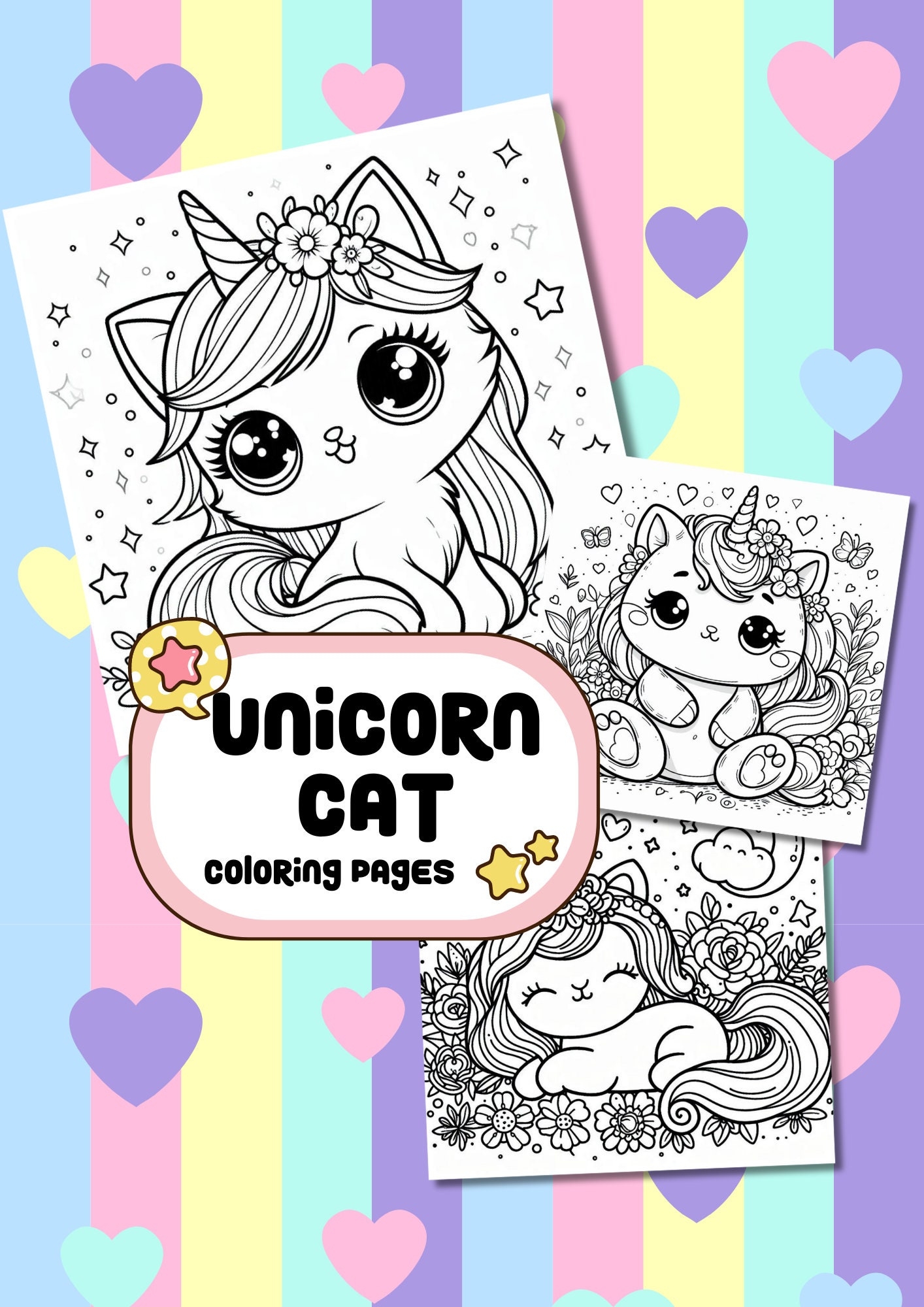 Unicorn Cat Coloring Pages Etsy