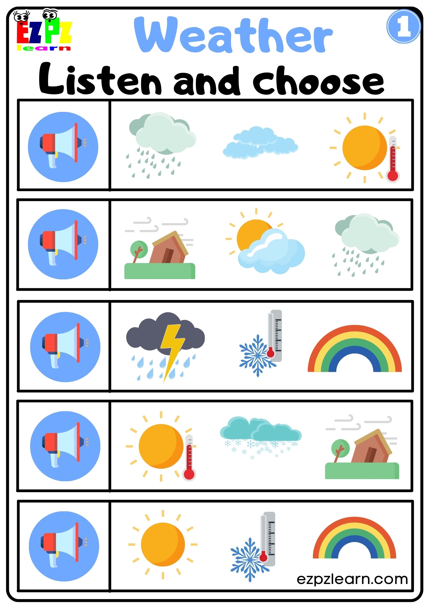 Weather Vocabulary Interactive Worksheet Listen And Choose The Correct Images Activity For Kindergarten And ESL Students G1 Ezpzlearn