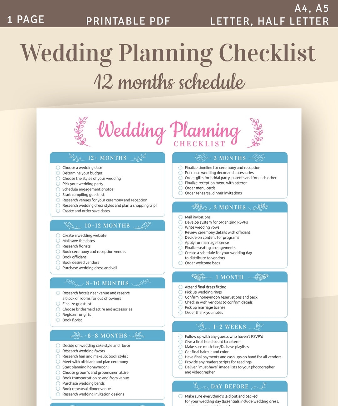 Wedding Planning Checklist Printable Wedding Template A4 A5 Letter Half Letter Instant Download Etsy
