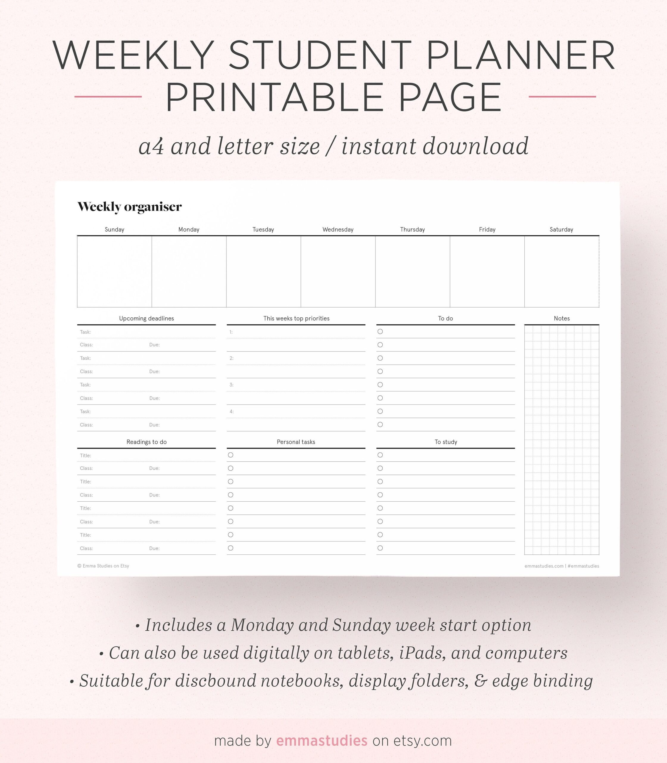 Weekly Student Organiser Printable Planner College University High School Agenda Discbound Insert Instant Download A4 And Letter Etsy Weekly Student Organiser Printable Planner College University High School Agenda Discbound Insert Instant Download A4 And Letter Etsy