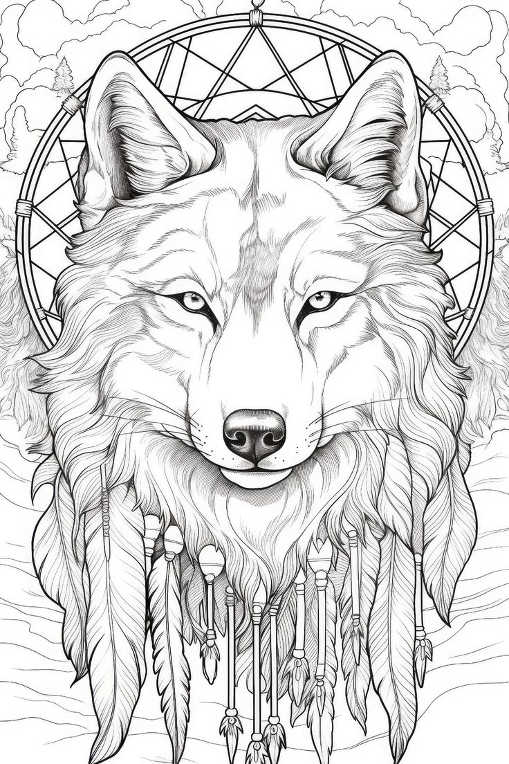 Wolf Dreamcatcher Coloring Page For Adults Wolf Dreamcatcher Coloring Page For Adults