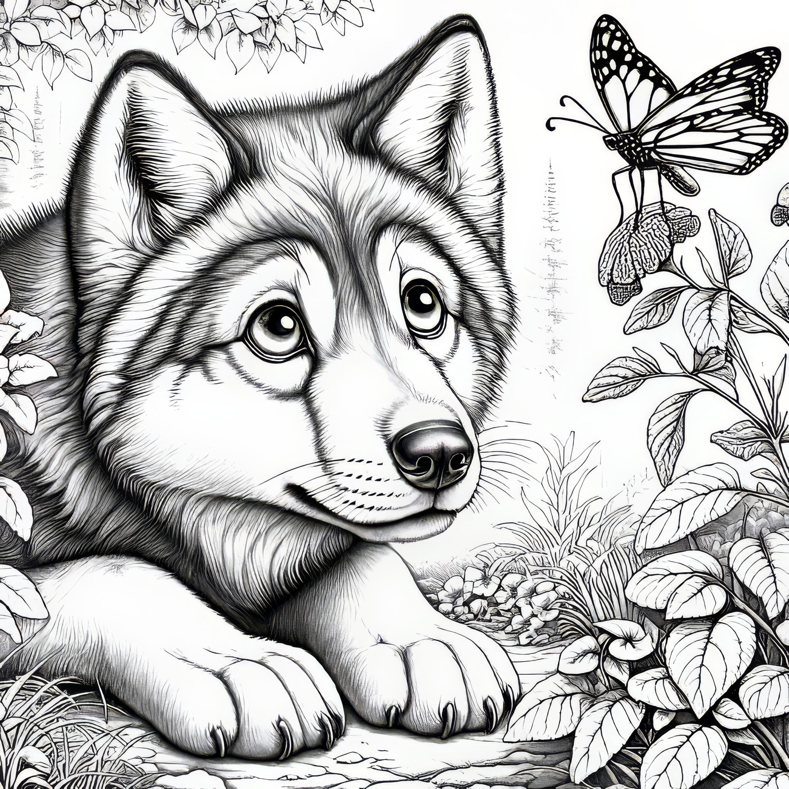 Wolf With Perked Ears Curiously Observes A Butterfly Free Coloring Page Wolf With Perked Ears Curiously Observes A Butterfly Free Coloring Page