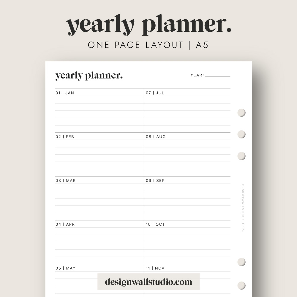 Yearly Planner Printable Insert A5 FREE DOWNLOAD One Page Layout